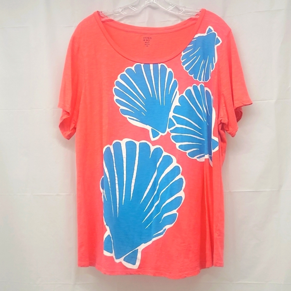 Short Sleeve T-shirt Top Blue Sea Shell Print Bright Salmon 100% Cotton Coastal